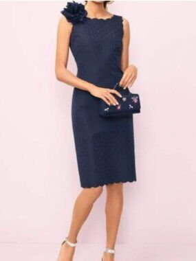 RSVP by Talbots Jacquard Sheath Scalloped Indigo Sleeveless Cocktail Dress 12P